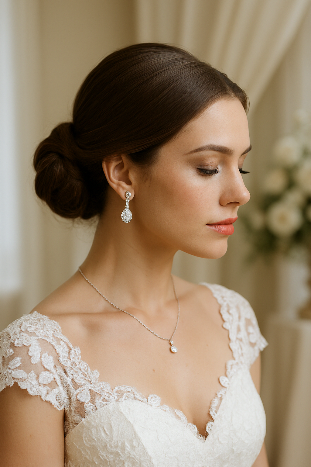 A bride with a sleek low bun hairstyle, wearing a lace wedding dress and elegant earrings.