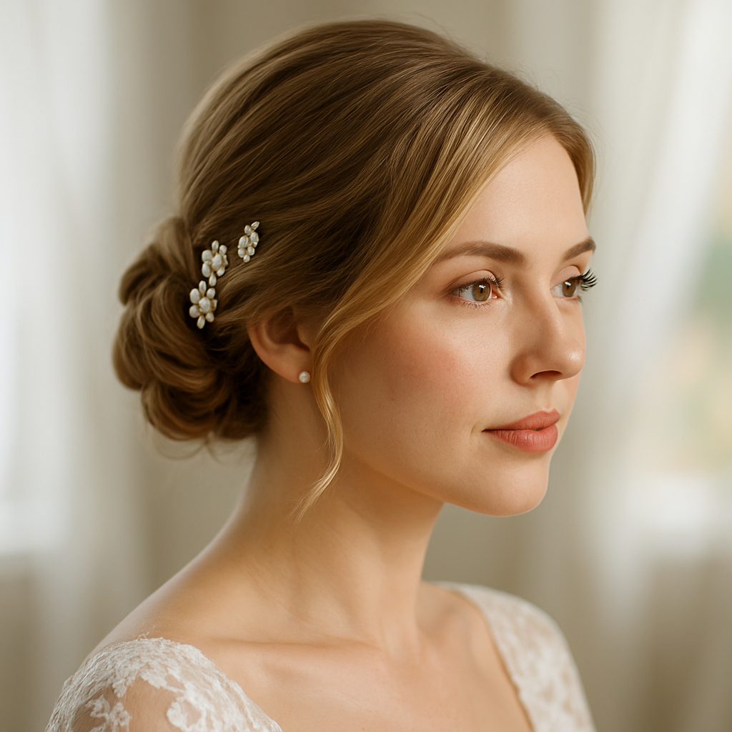 A woman with a sleek low chignon hairstyle adorned with hairpins, showcasing a simple and elegant look.