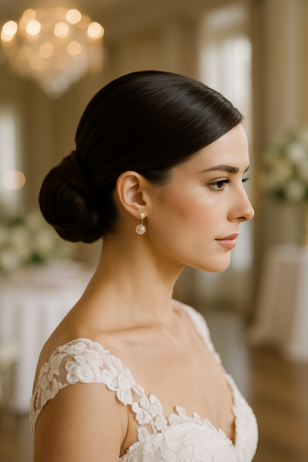 A woman with a sleek low chignon hairstyle and side part, wearing pearl earrings, showcasing elegance for a wedding.