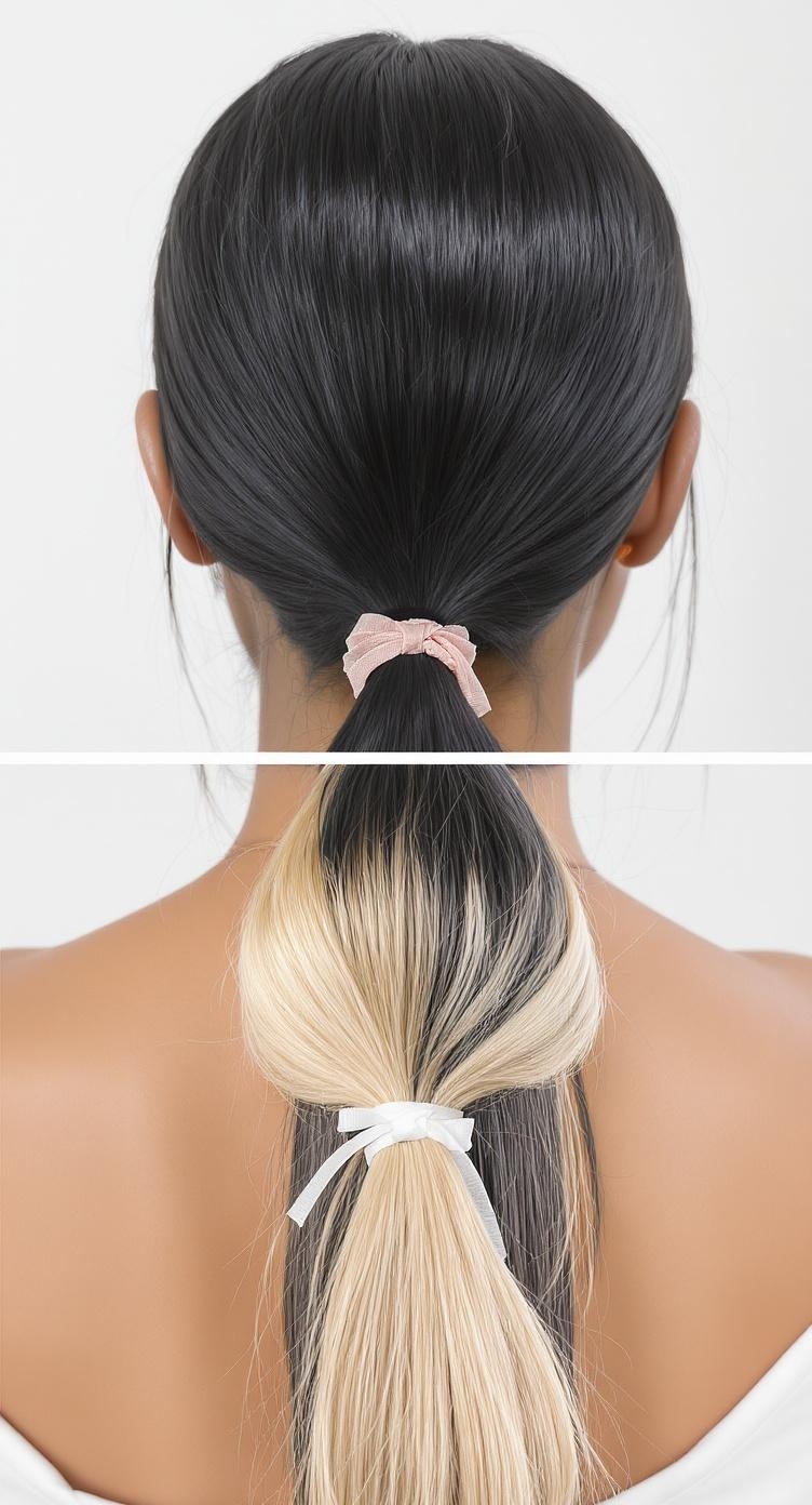A sleek low ponytail hairstyle for long hair, featuring a dark and light hair color contrast, secured with a ribbon.