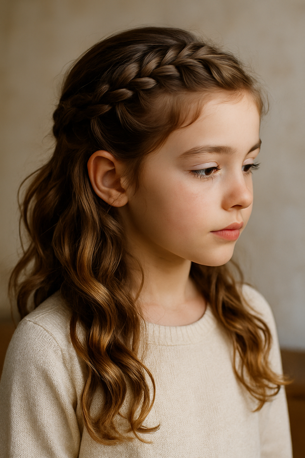 A girl with a sleek low ponytail and a sparkly clip, showcasing a simple yet elegant hairstyle.