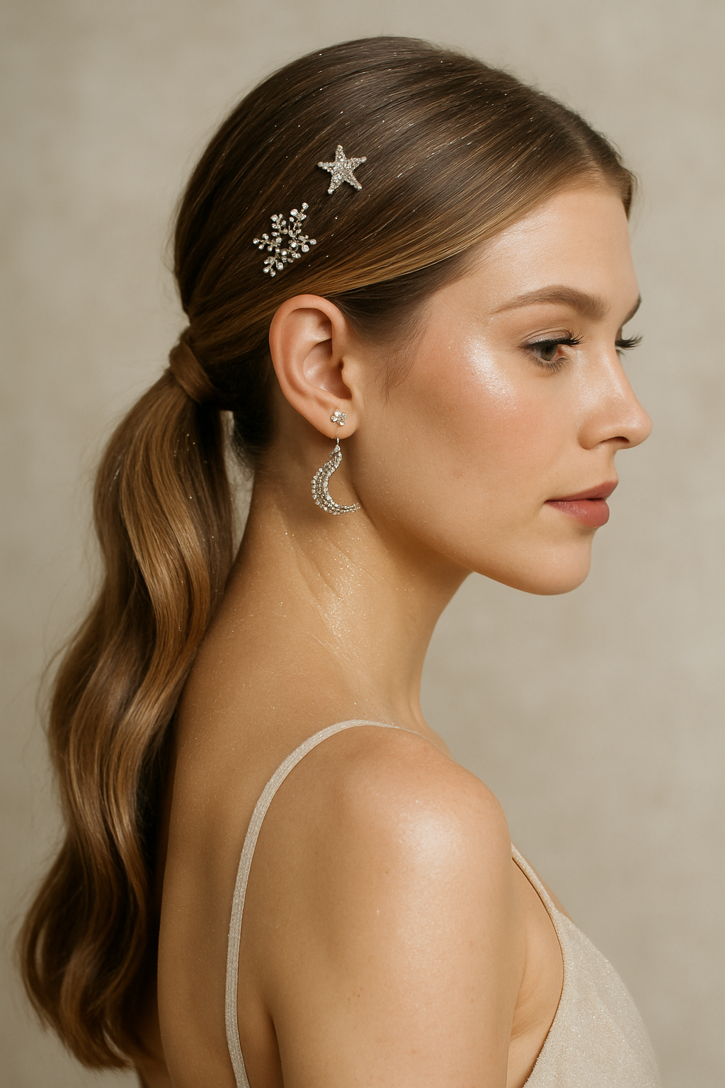 A woman with a sleek low ponytail adorned with sparkling hair accessories, showcasing a stylish look for a wedding.
