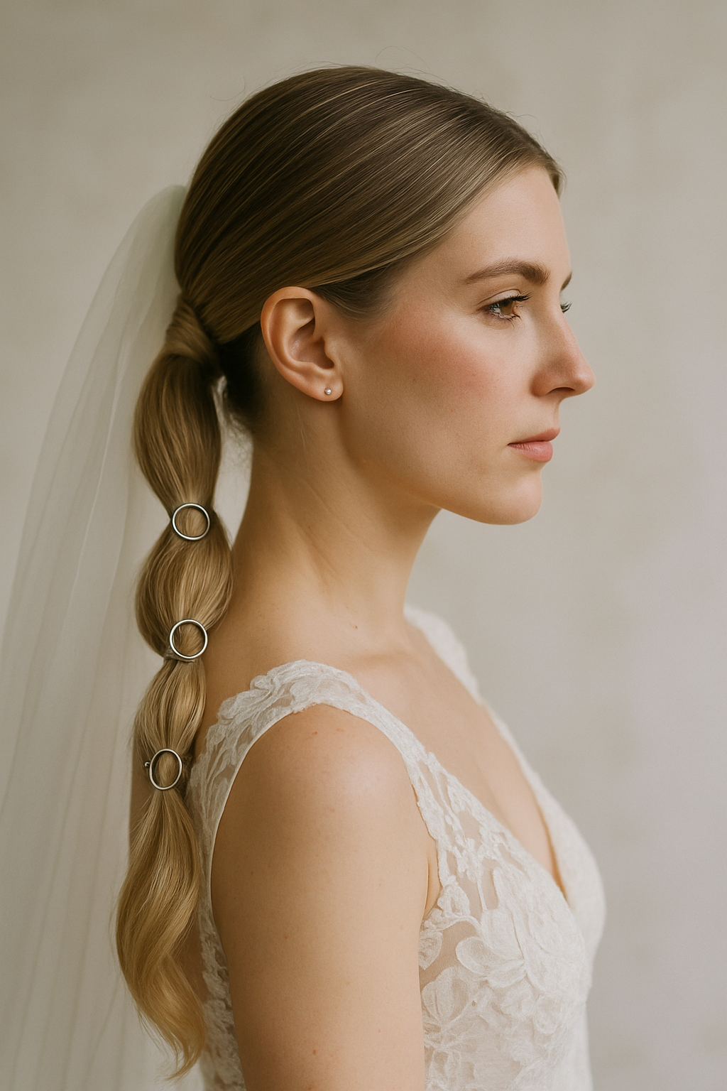 A bride with a sleek low ponytail adorned with hair rings, showcasing a modern wedding hairstyle.