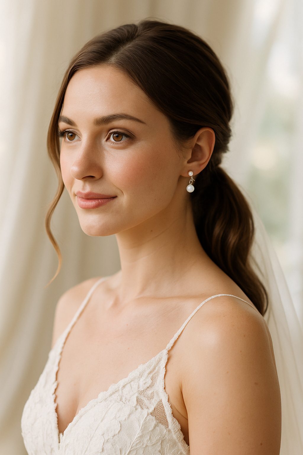 Bride with a sleek low ponytail and hair wrap, wearing elegant earrings