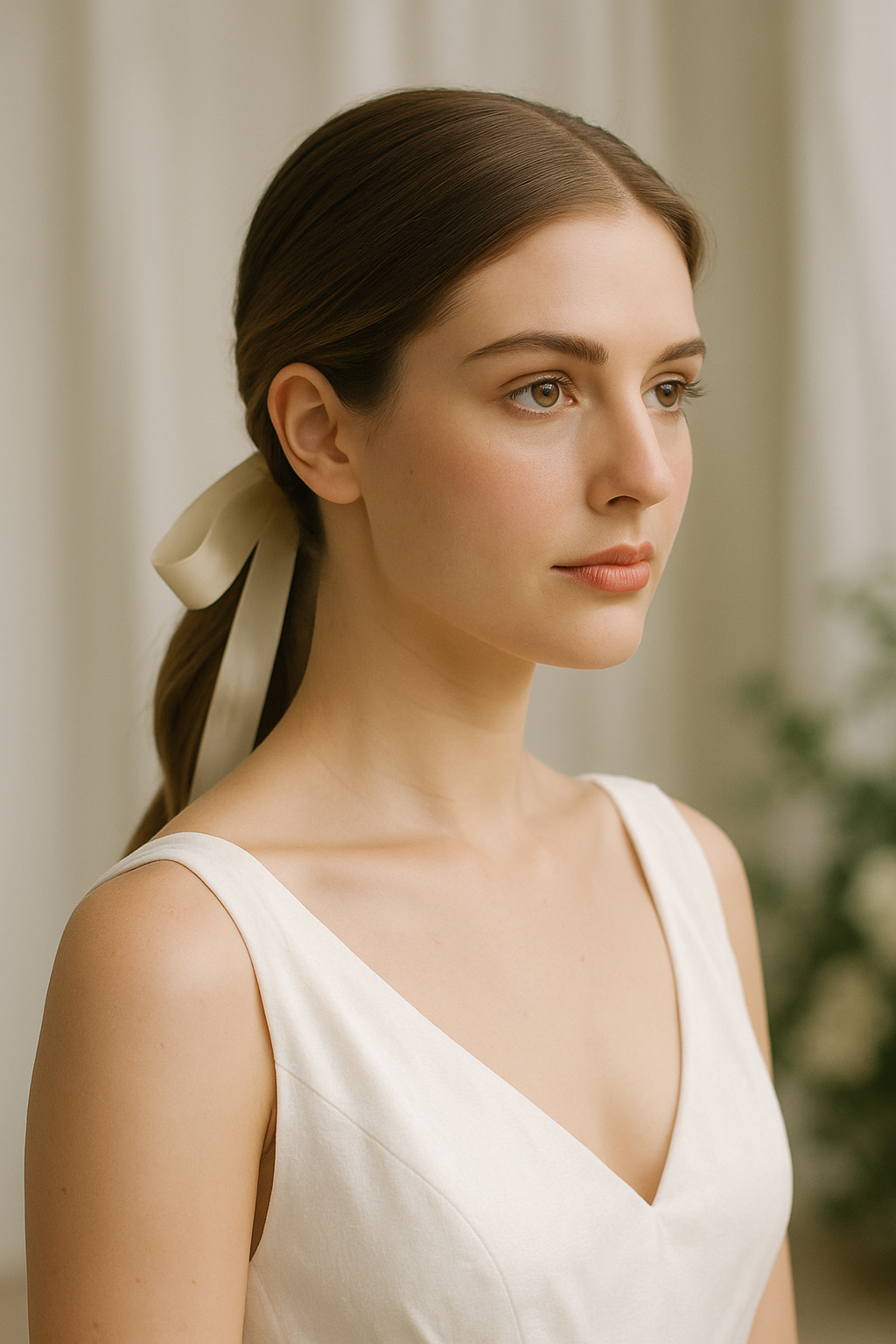 A bride with a sleek low ponytail adorned with a ribbon, showcasing a simple yet elegant hairstyle.