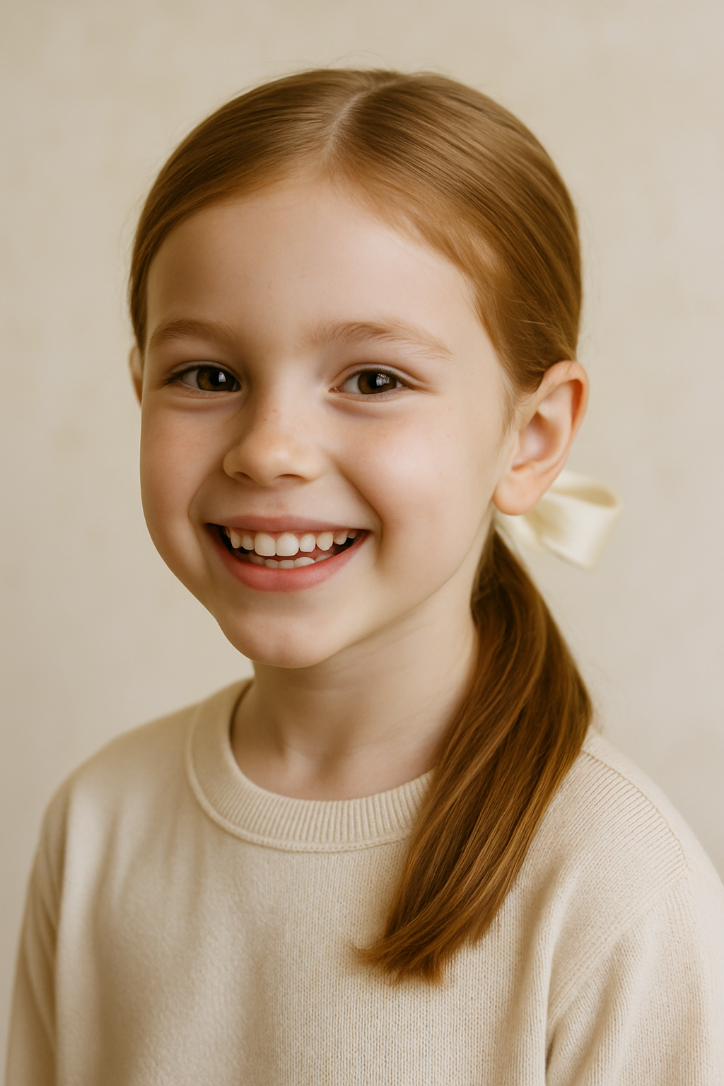 A young girl with a sleek low ponytail and a ribbon, smiling brightly.