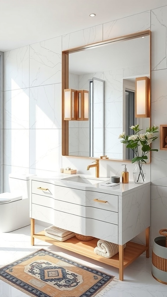 A modern bathroom vanity featuring sleek marble countertops, wooden accents, and stylish lighting.