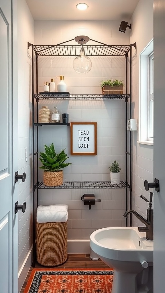 A modern small bathroom with sleek metal shelves displaying decorative and practical items.