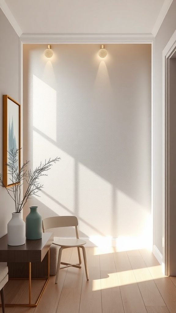 A well-lit entryway featuring a sleek metallic accent wall, stylish lighting, and minimal decor.