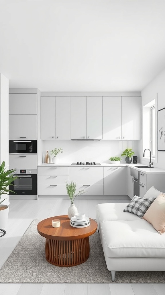 A sleek and minimalist modern kitchen with white cabinets, a cozy seating area, and a touch of greenery.