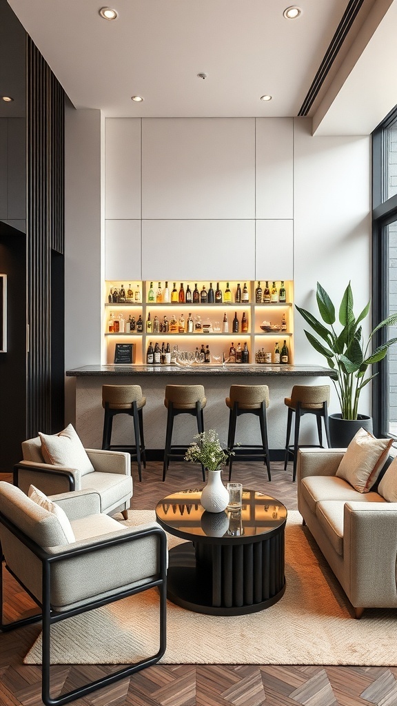 A sleek modern bar area featuring a well-stocked shelf, high stools, and cozy seating.