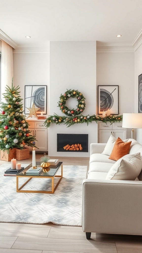 A modern living room decorated for Christmas with a tree, wreath, and minimalist decor.