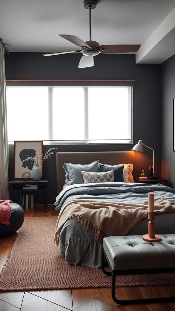 A dark romantic bedroom featuring modern furniture and cozy decor.