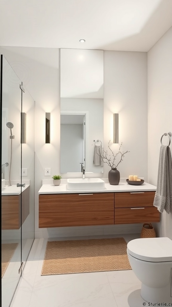 A modern bathroom featuring sleek lines, a floating wooden vanity, and a glass shower enclosure.