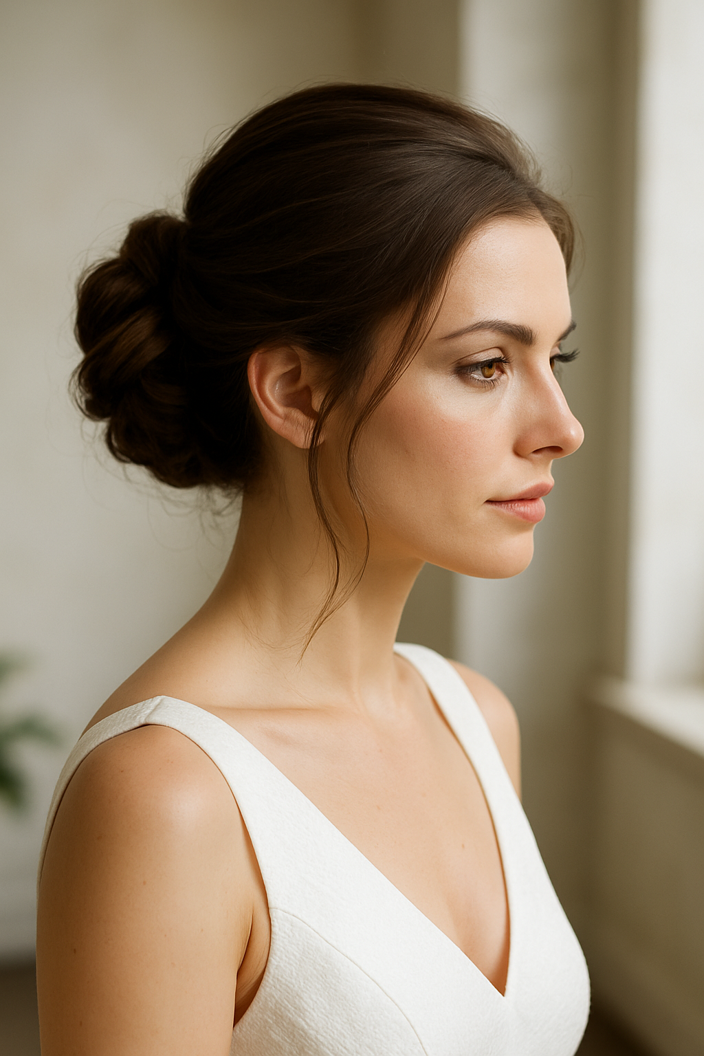 A bride with a sleek ponytail hairstyle, wearing a white dress, looking elegant and modern.