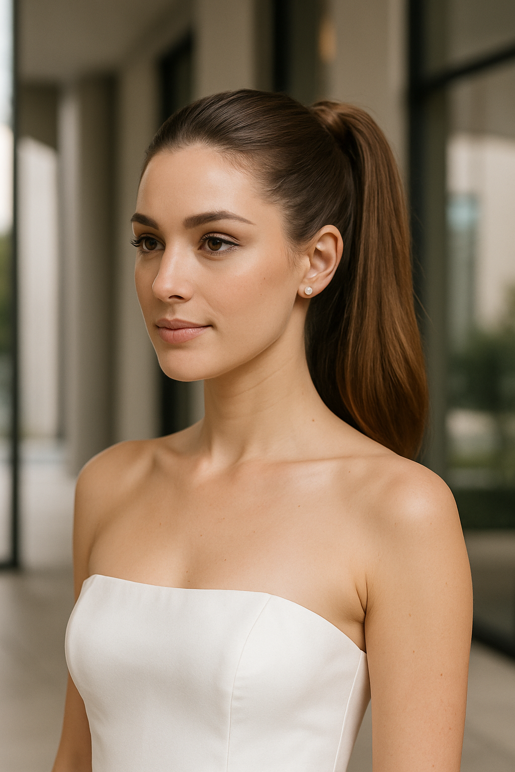 A bride with a sleek ponytail hairstyle wearing a strapless wedding dress.
