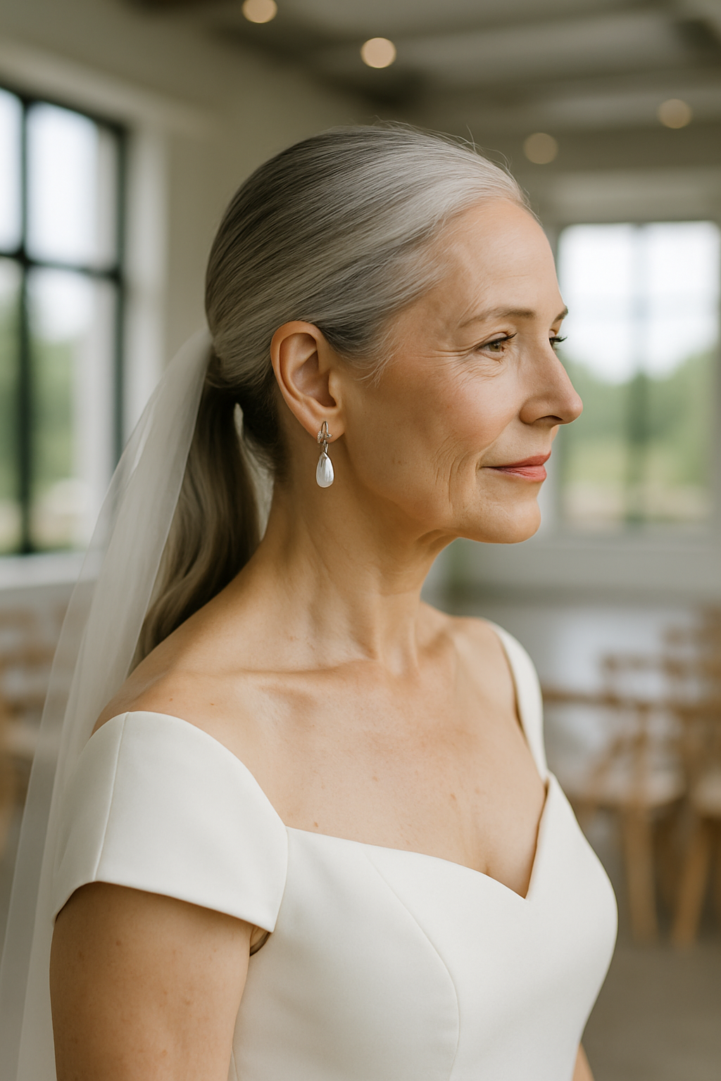 A mature bride with a sleek ponytail and elegant earrings, wearing a simple wedding dress.
