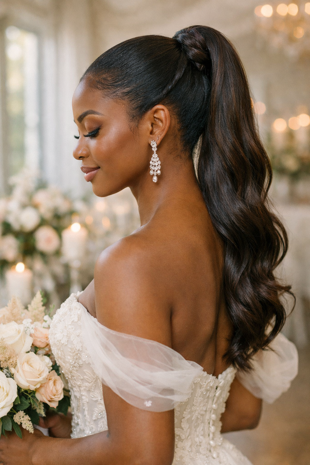 A woman with a sleek ponytail adorned with a twist, wearing elegant earrings and a beautiful gown.