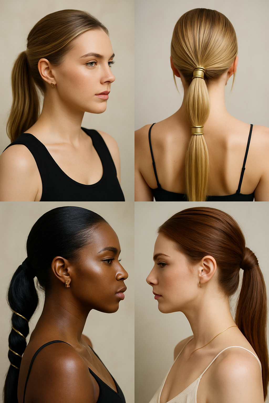 Different styles of sleek ponytails with gold accents, showcasing elegance for South Indian weddings.
