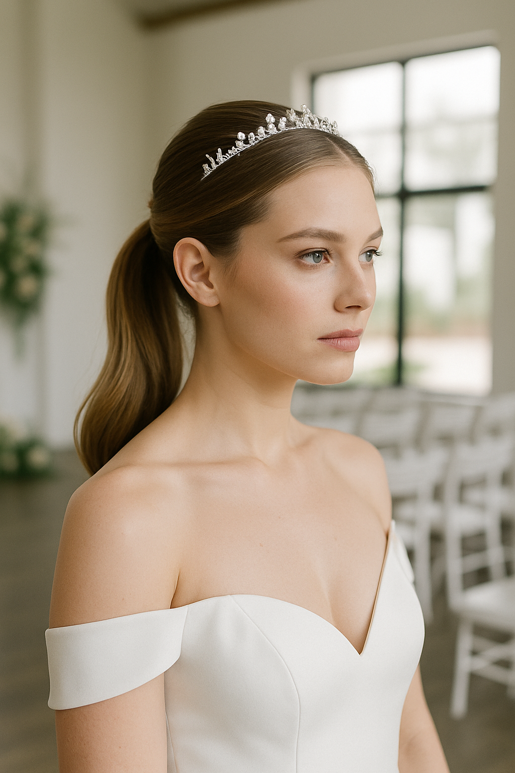 A bride with a sleek ponytail and a minimalist crown, showcasing a modern wedding hairstyle.