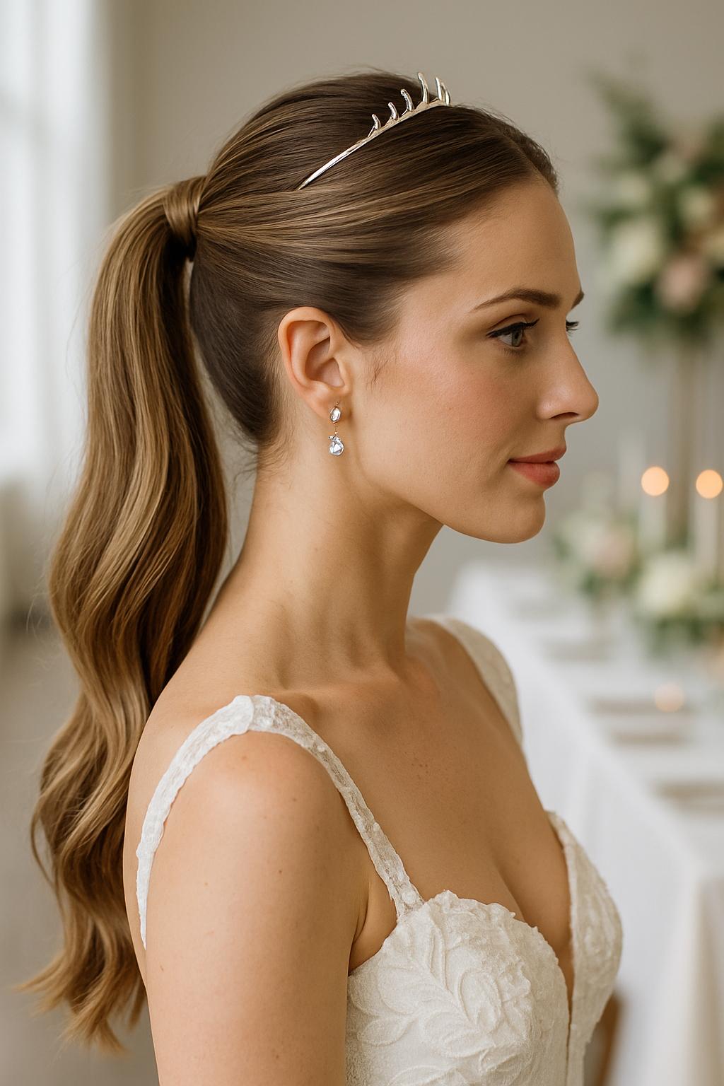 Bride with sleek ponytail and minimalist tiara