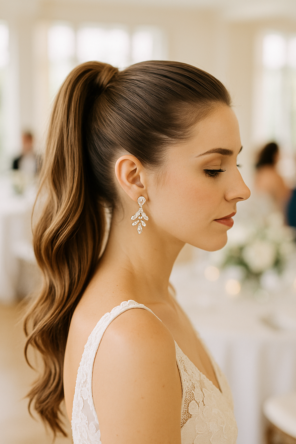 A woman with a sleek ponytail and statement earrings at a wedding.