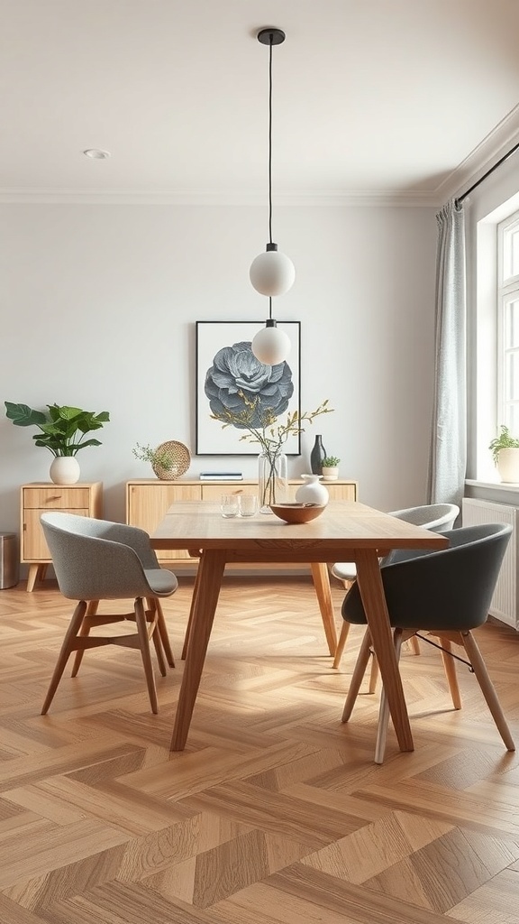 A sleek Scandinavian dining area featuring a wooden table, gray chairs, and natural lighting.
