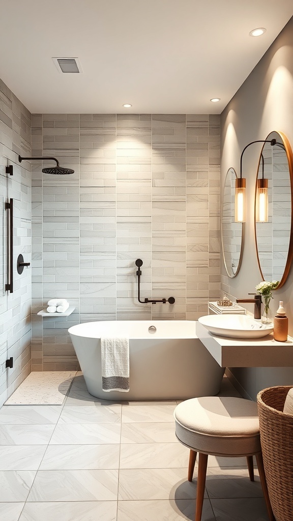 Modern basement bathroom featuring a sleek shower-bath combo with neutral tones and stylish fixtures.