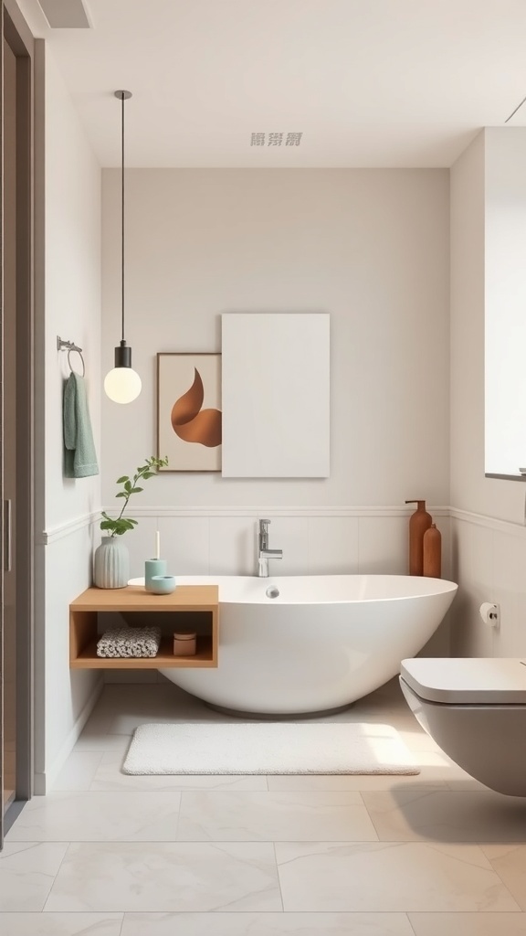 A minimalist bathroom featuring a sleek wooden shelf, a modern bathtub, and stylish decor.