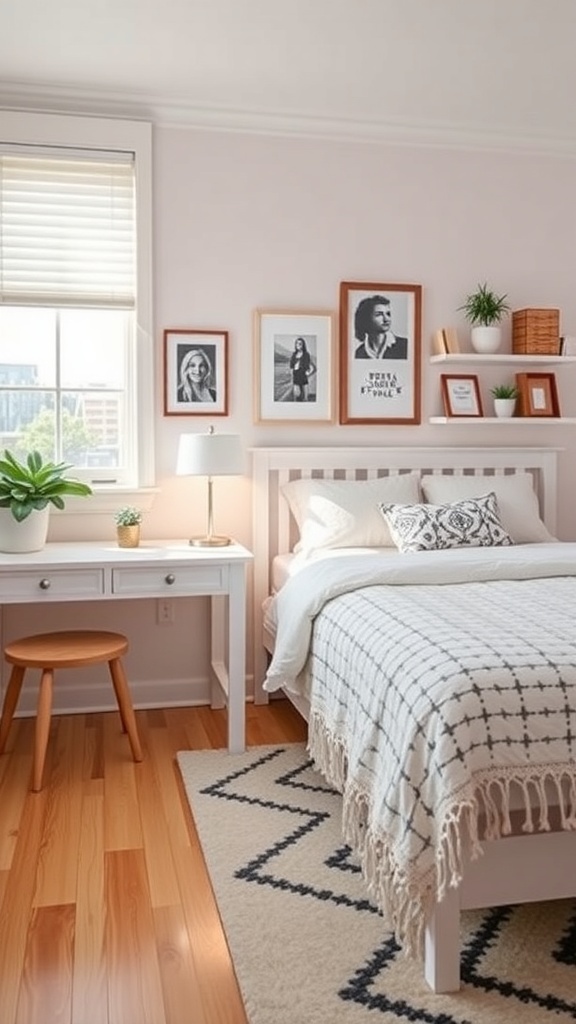 A preppy teen bedroom featuring a cozy bed with decorative pillows, wall-mounted shelves with photos and plants, and a simple desk.