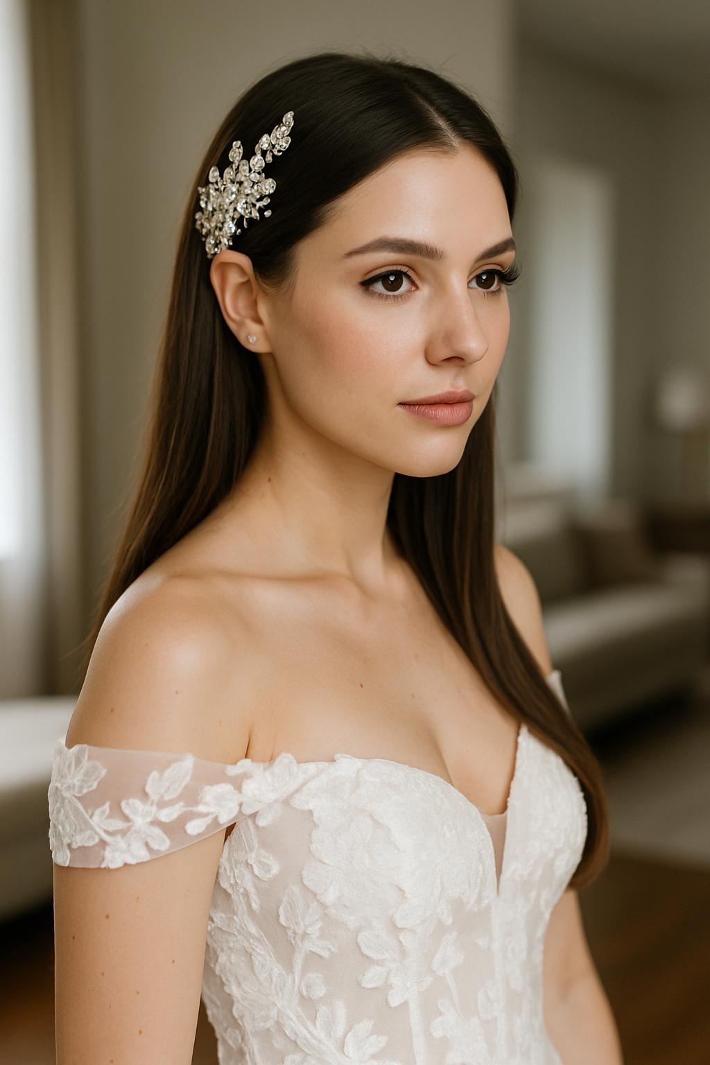 Bride with sleek straight hair and a decorative hairpiece