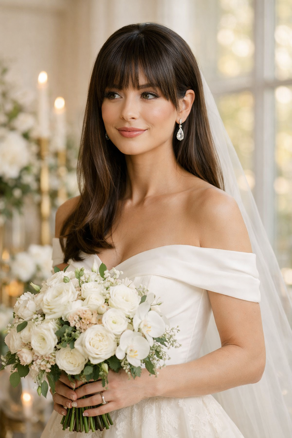 A bride with straight hair and layered bangs holding a flower bouquet, wearing an off-shoulder wedding dress.