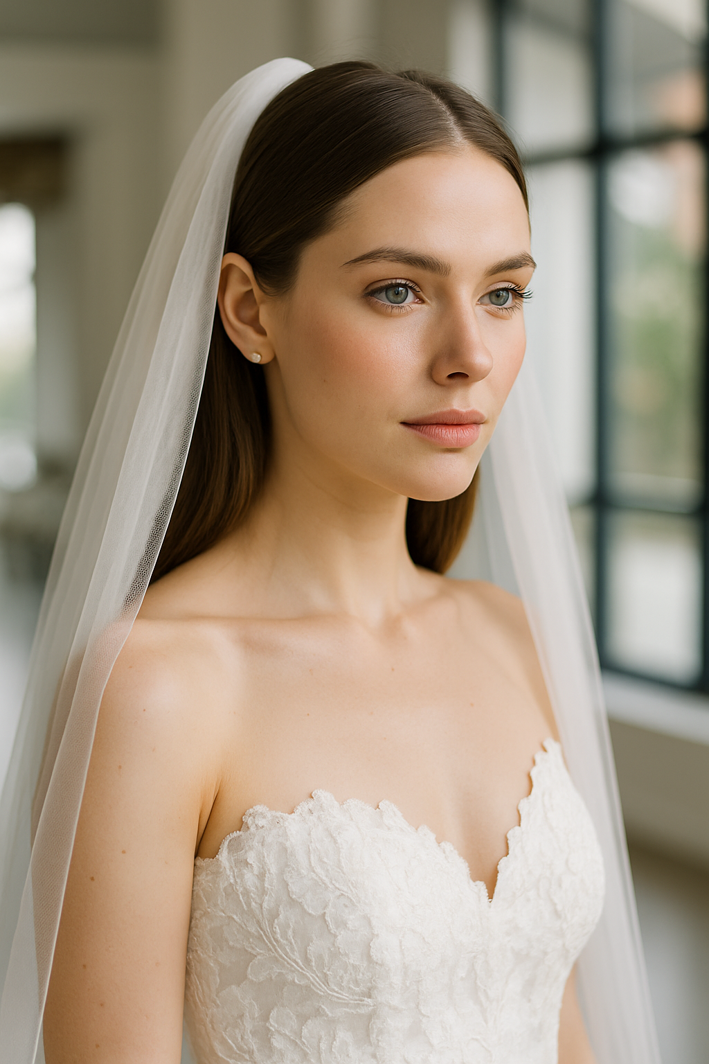 Bride with sleek straight hair and a veil, wearing a beautiful wedding dress
