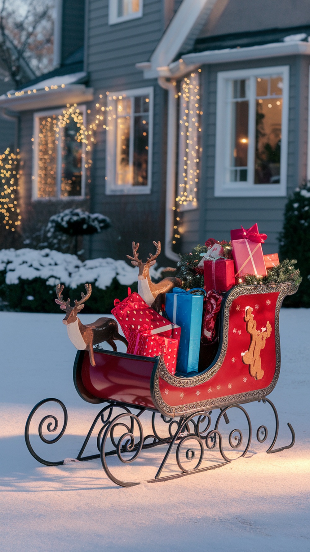 A red sleigh filled with gifts and two reindeer in a snowy yard with a house decorated with lights in the background.