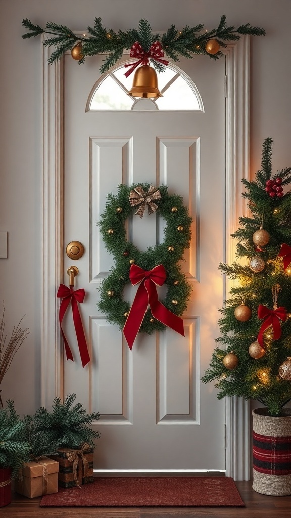 Festively decorated door with a wreath, garland, and Christmas tree