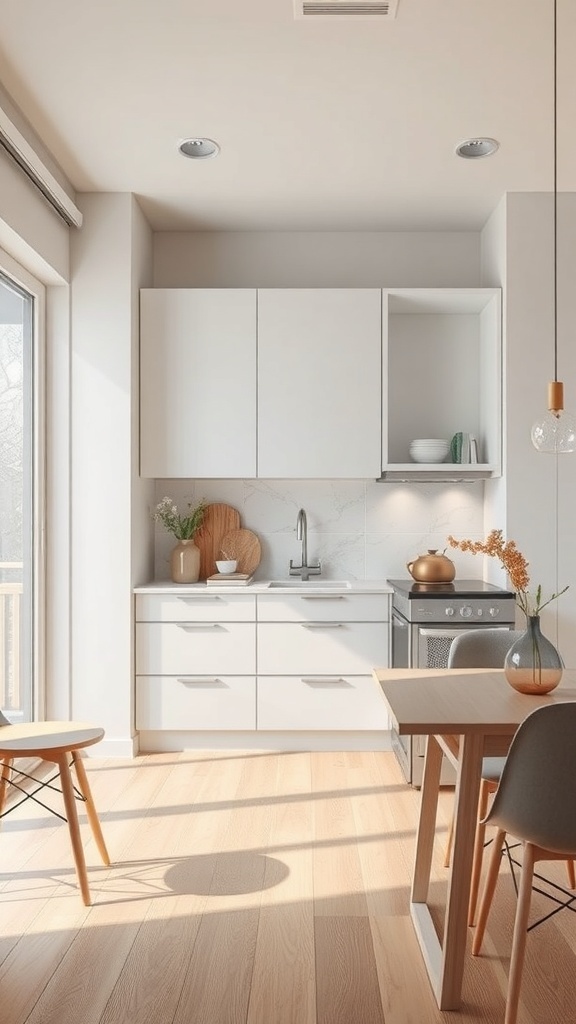 A modern small kitchen featuring a sliding door that opens to a bright outdoor space, with white cabinetry and wooden accents.