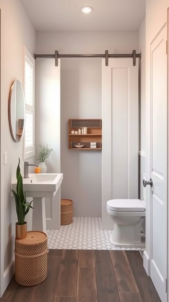 A modern tiny bathroom featuring a sliding door, a small sink, and open shelving.