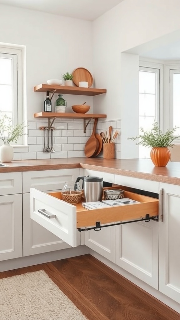 A kitchen with a sliding drawer system open, displaying kitchen items.