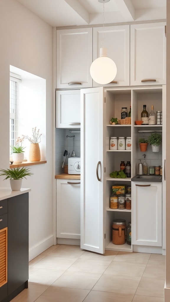 A small kitchen featuring sliding pantry doors, with organized shelves displaying jars and containers.