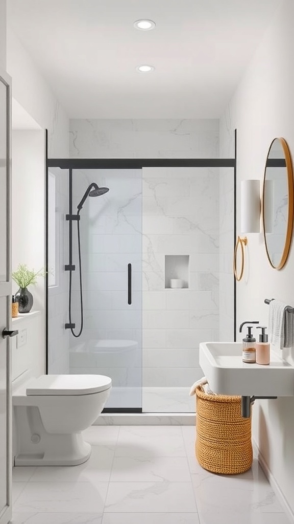 A small bathroom with a sliding shower door, featuring modern fixtures.