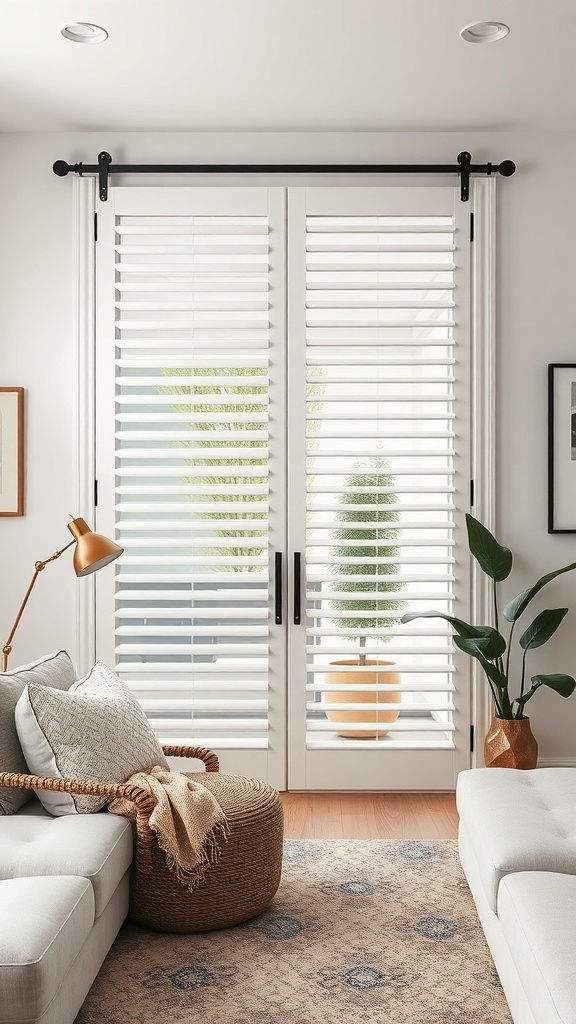 A modern living room with sliding glass doors covered by white shutters, featuring a cozy seating area and indoor plants.