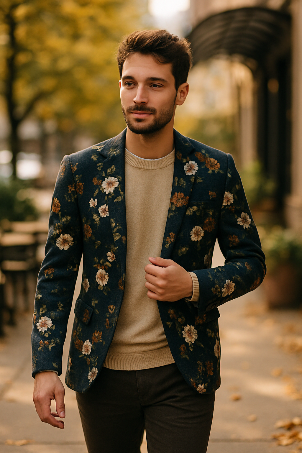 A man wearing a slim-fit floral blazer and light sweater, walking outdoors.