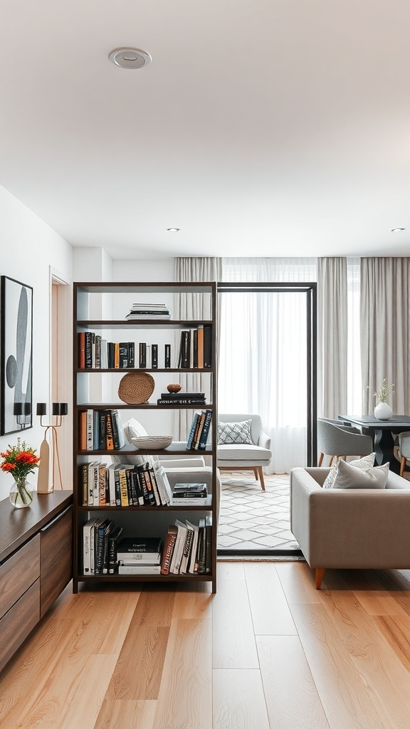 A small bookshelf serving as a room divider in a modern living space.