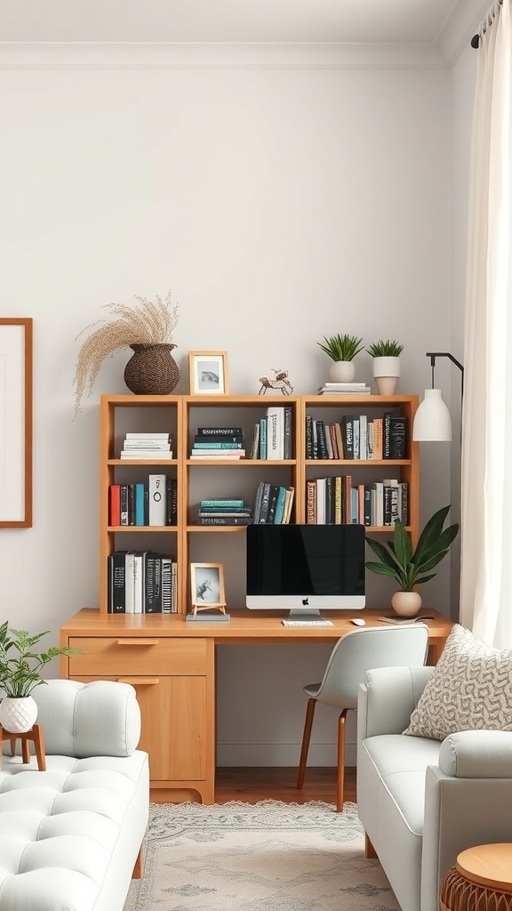 A small wooden bookshelf in a home office with books, plants, and a computer.