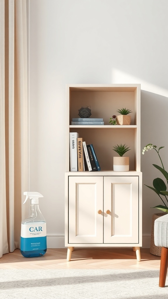 A small bookshelf with books and plants, next to a cleaning spray bottle.