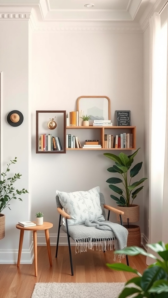 A cozy reading nook with a small bookshelf, chair, and plants.