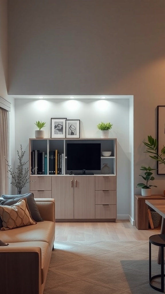 A small bookshelf with integrated lighting, showcasing books and decorative items in a cozy living room setting.