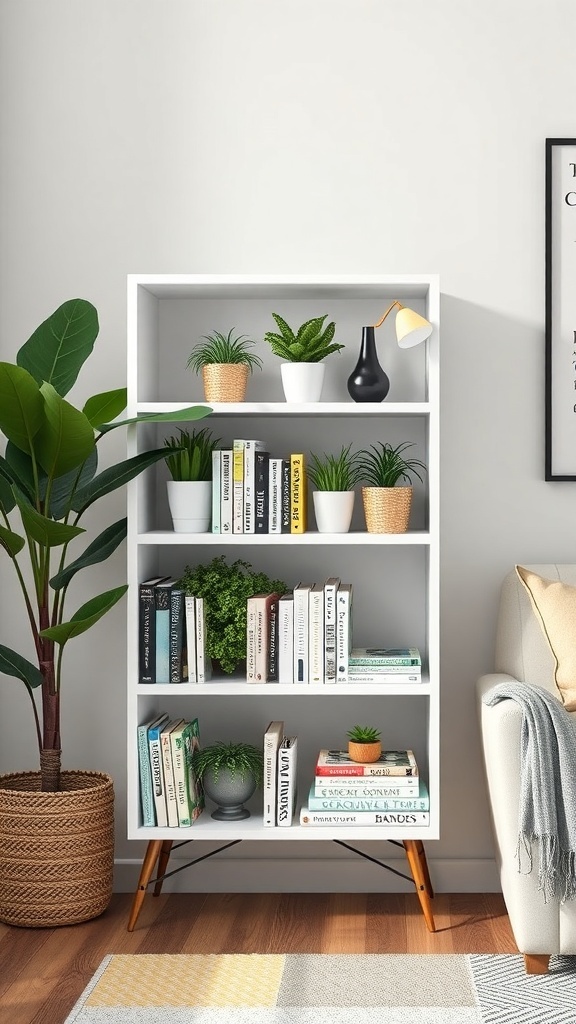 A small white bookshelf with plants integrated, featuring books and a cozy chair beside it.