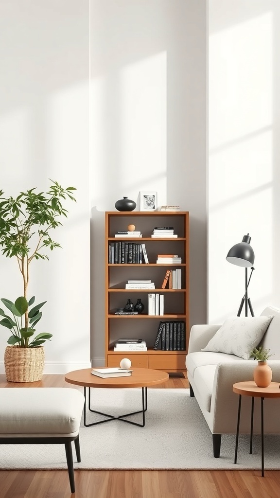 A small wooden bookshelf in a minimalist living room with a plant and modern furniture.
