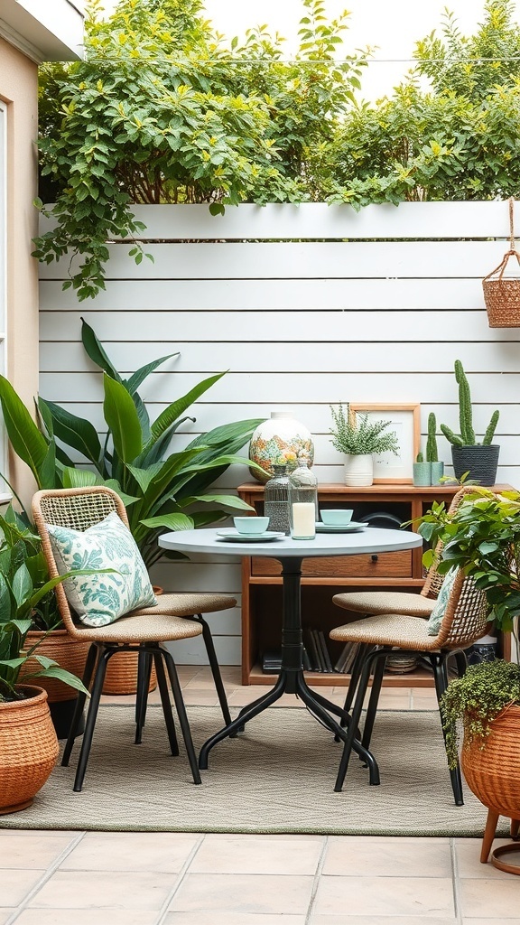 A small round dining table surrounded by chairs in a lush outdoor setting with plants.
